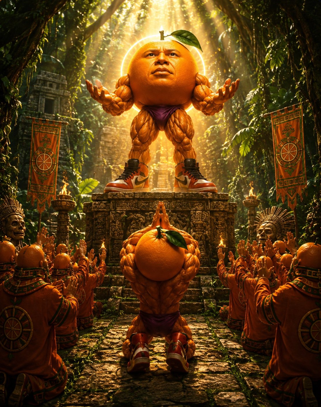 Udin worshipped as a jungle temple god by the kneeling orange cult