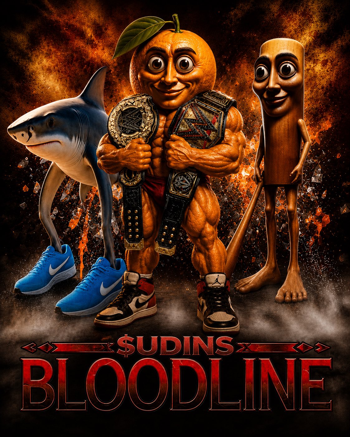 Udin holding two championship belts on the $udins Bloodline poster with Triplet and the shark