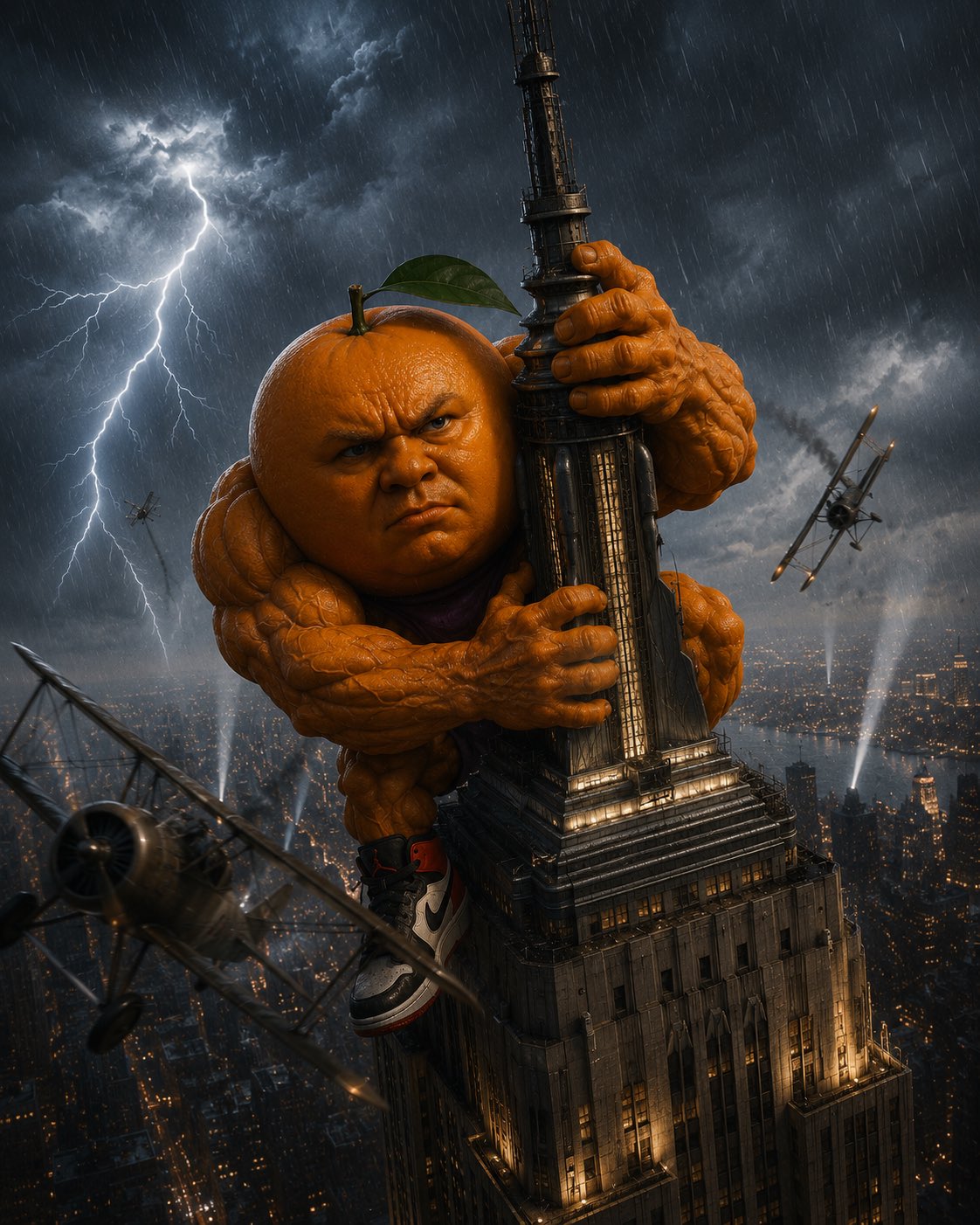 King Kong Udin climbing the Empire State while biplanes swarm him