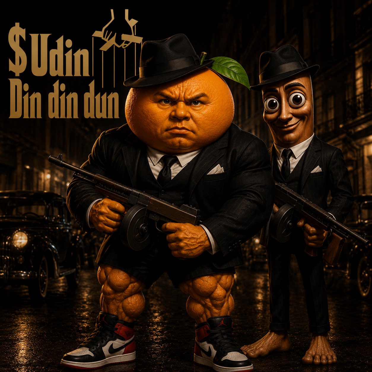 Godfather Udin and Tung Tung posted up in the rain with tommy guns