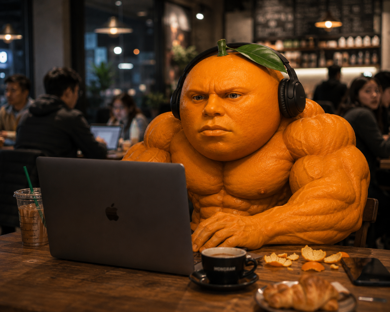 Udin locked in at the cafe terminal with headphones on