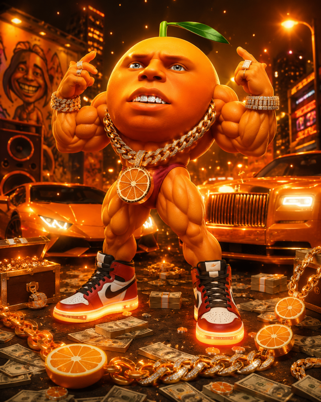 Udin flexing in an orange luxury street scene