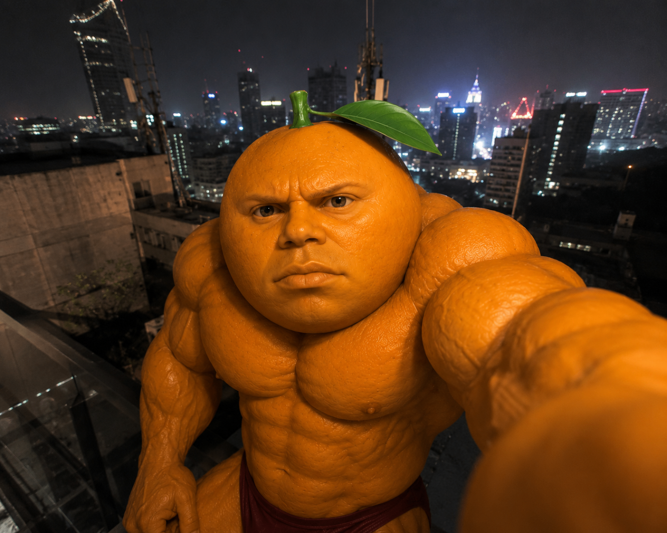 Udin rooftop selfie over the city after dark with maximum aura