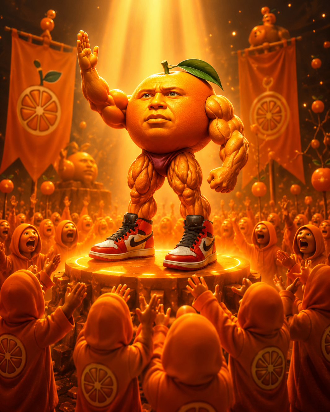 Udin leading an orange cult crowd