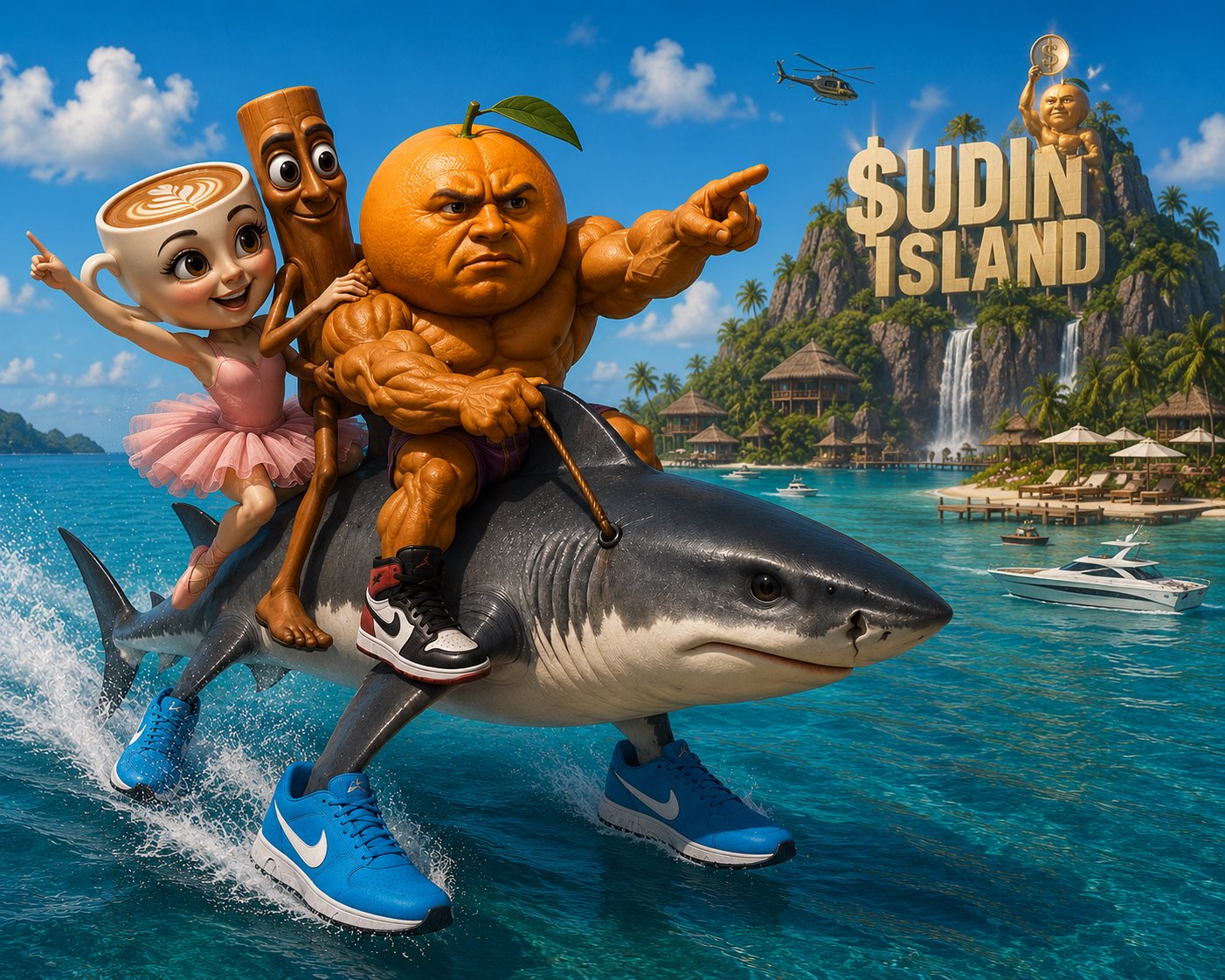Udin, Triplet, and Cappuccina riding a shark to Udin Island