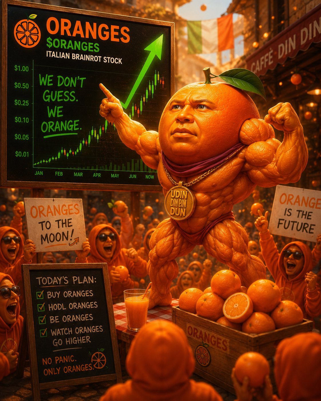 Udin flexing in front of a green candle chart while the orange crowd goes feral