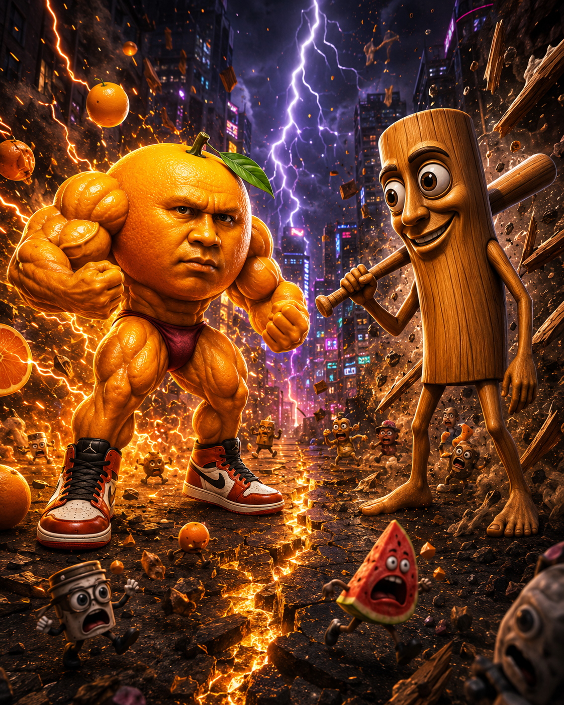 Udin squaring up in a neon city while Tung Tung watches