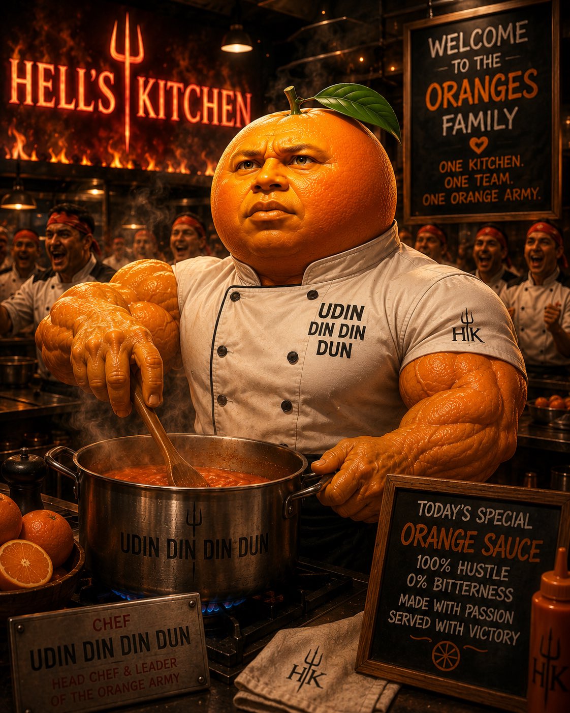 Chef Udin cooking orange sauce in Hell's Kitchen with the orange army behind him