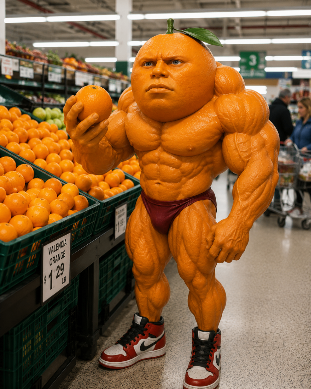 Udin selecting oranges in the grocery aisle like a prophet