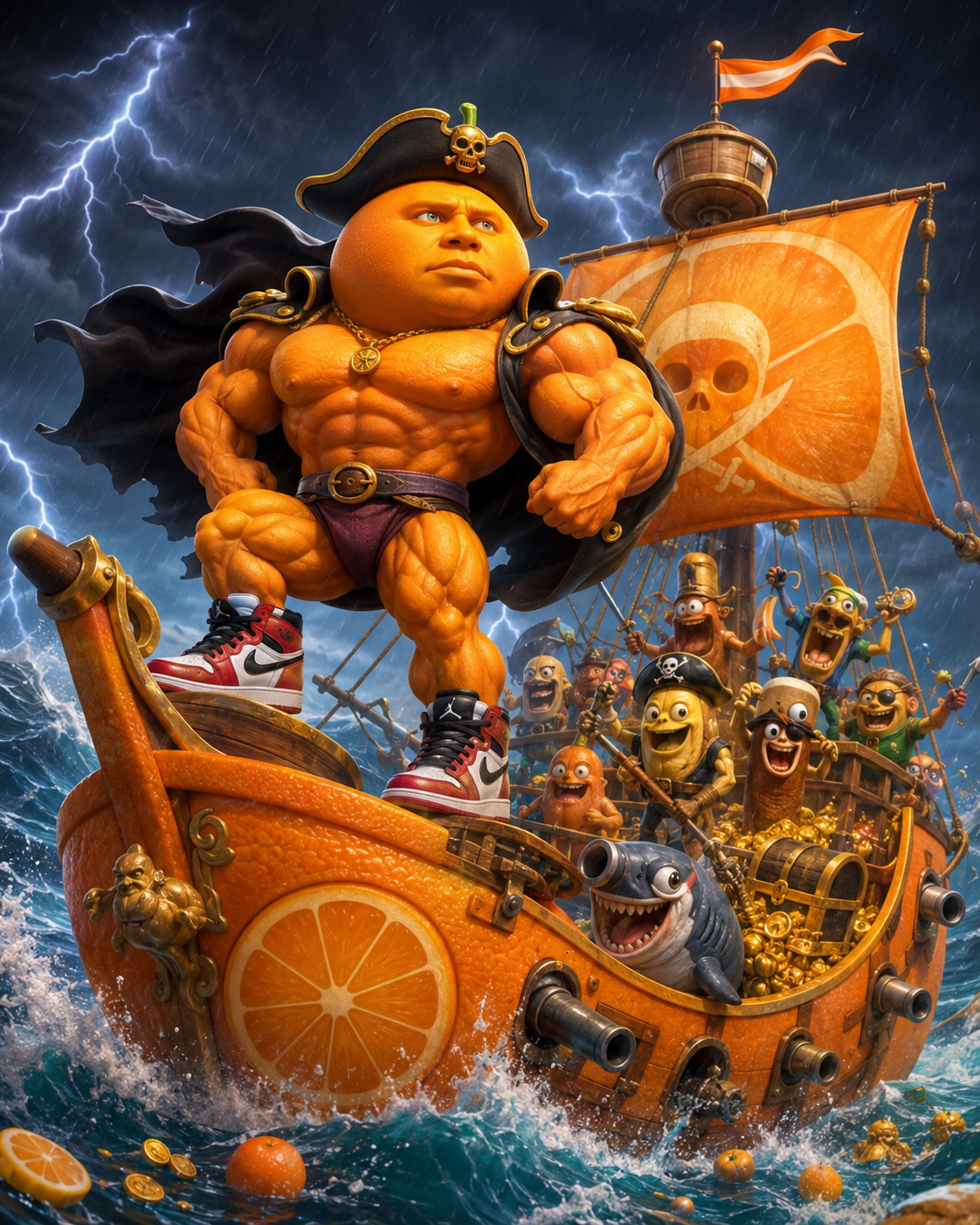 Udin captaining a pirate orange ship through a storm