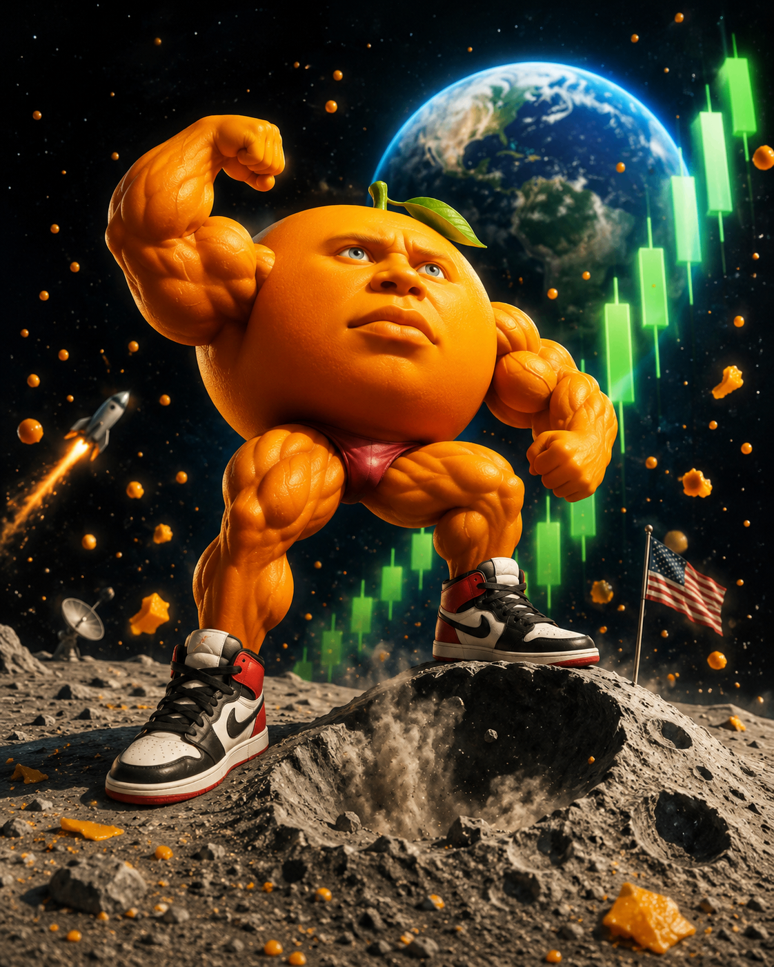 Udin on the moon with green candles behind him