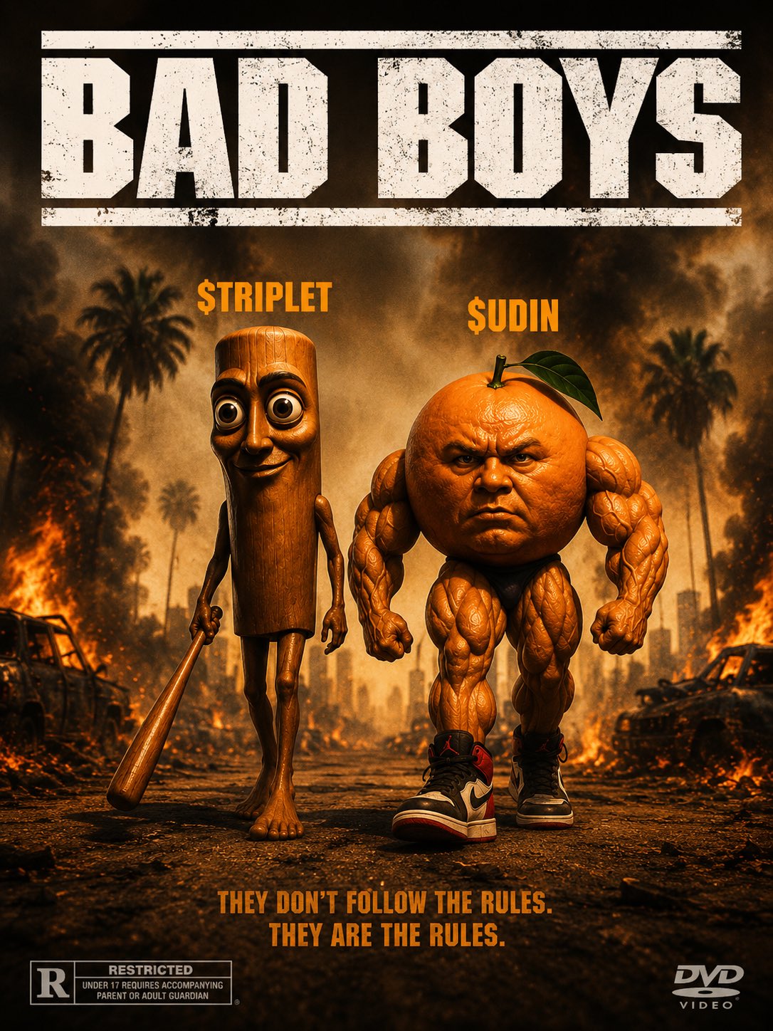 Udin and Triplet on the Bad Boys movie poster with a burning city behind them