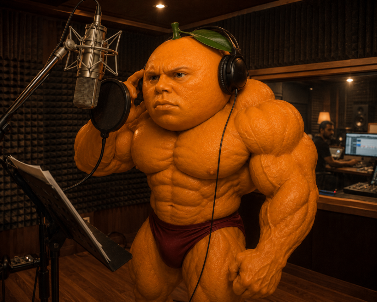 Udin in the studio recording din din dun into the mic