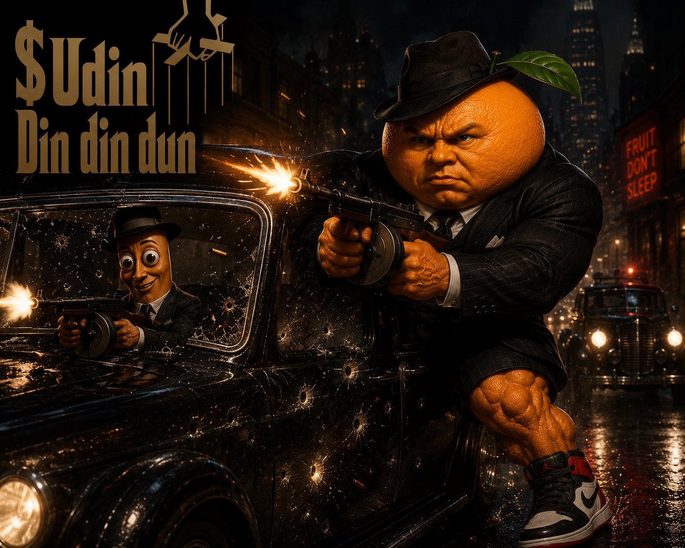 Udin and Tung Tung in a full mafia shootout on the wet city street
