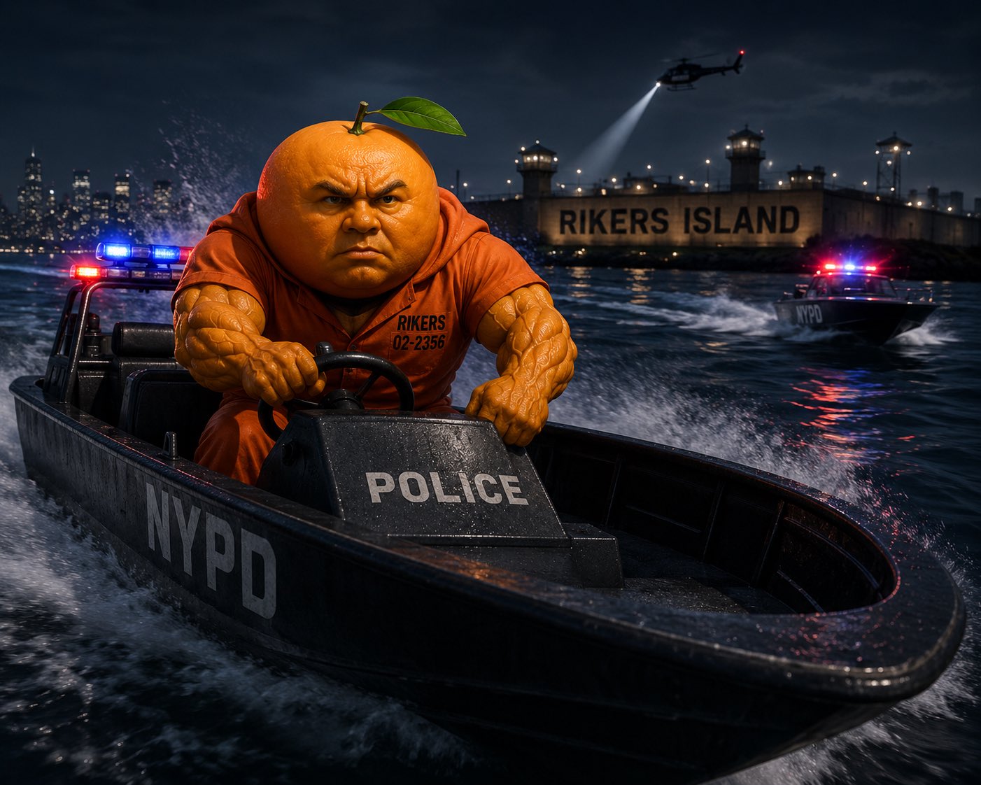 Convict Udin escaping Rikers Island on an NYPD boat with choppers on his tail