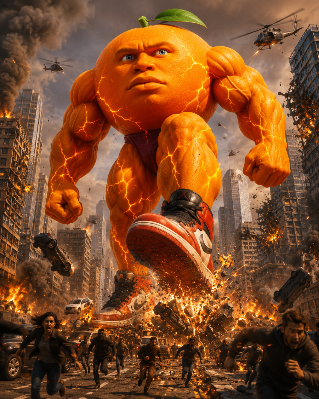 Udin stomping through a destroyed city