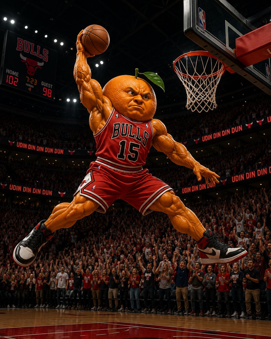 Udin dunking on the Bulls court in a 15 jersey as the crowd loses it